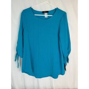 Yushi‎ Blouse Women's Small Turquoise Rayon Knotted Long Sleeve V-Neck Tunic Top